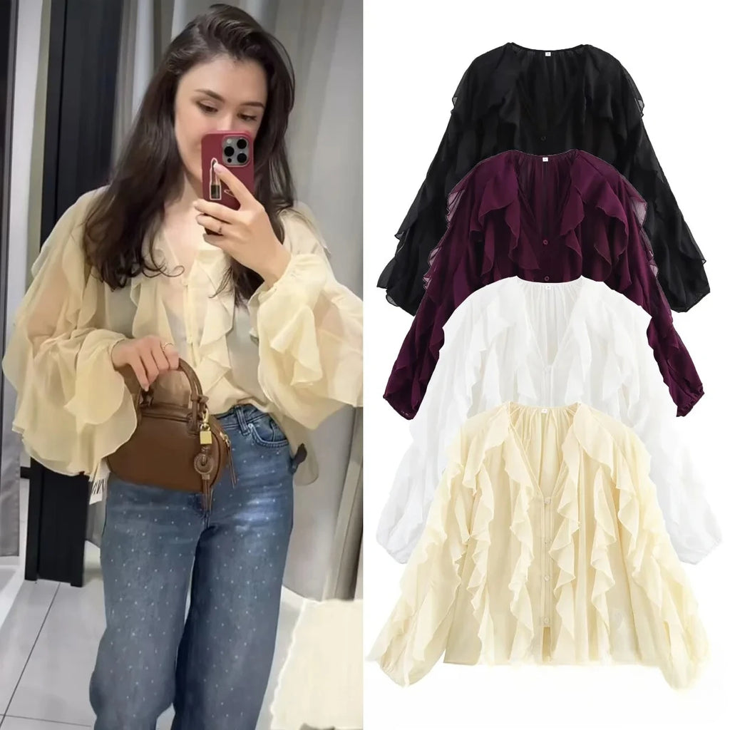 Women's clothing 2025 European new fashion design and ruffled layered decorative V-neck shirt