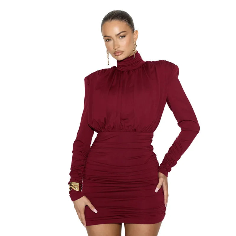 Women's Clothing 2025 Autumn And Winter New Fashion Temperament High Neck Pleated Waist Slim Hip Wrap Long Sleeve Dress Women