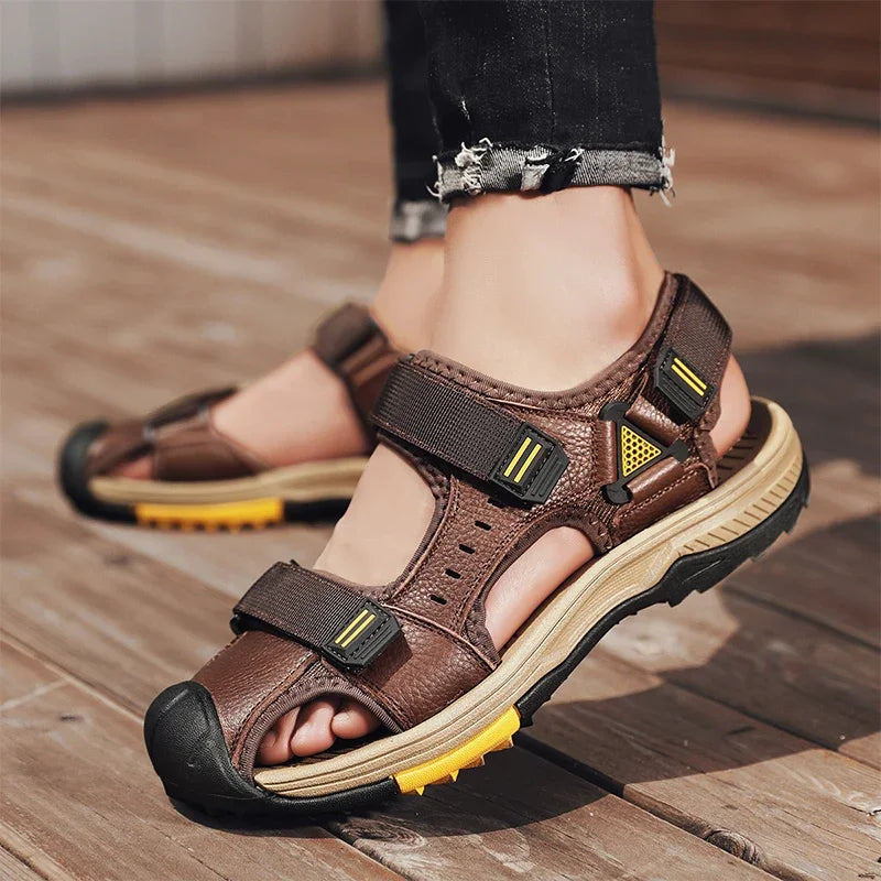 Summer Breathable Genuine Leather Men Sandals Waterproof Non-Slip Large Size flip flops Beach shose For Outdoor Anti-Collision