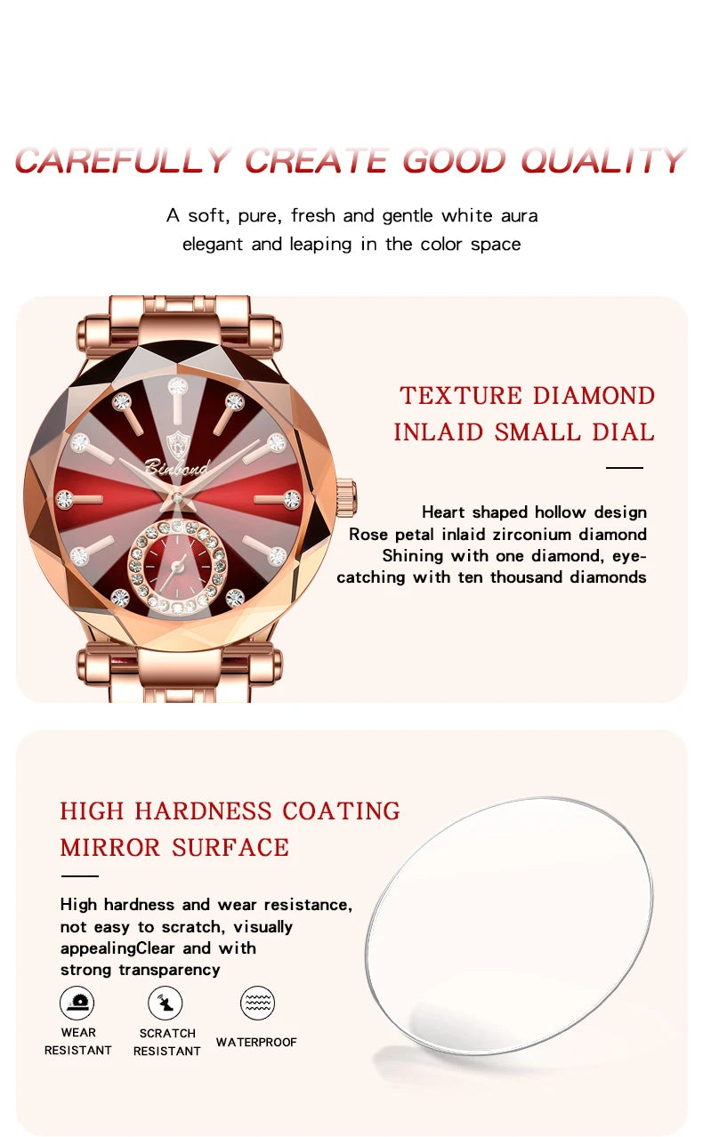 BINBOND Fashion Elegant Women Quartz Watches Original Heart Of The Ocean Design Waterproof Luminous Diamond Lady Casual Watches