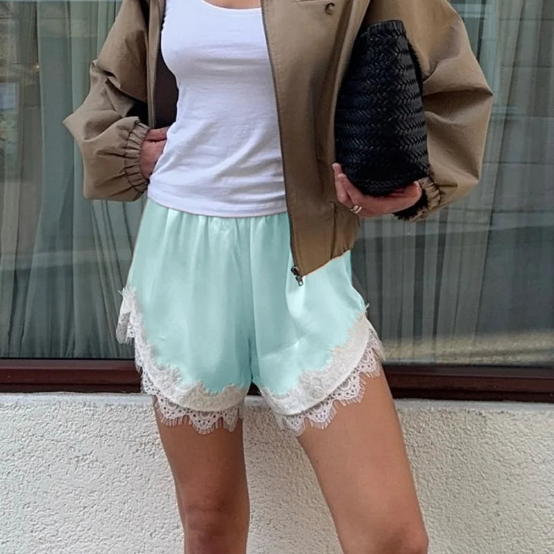 Women Y2k Slik Lace Trim Shorts Stain Pajama Micro Mini Slip Boxer Shorts Low Rise Lounge Pj Bottoms Pettipants Streetwear