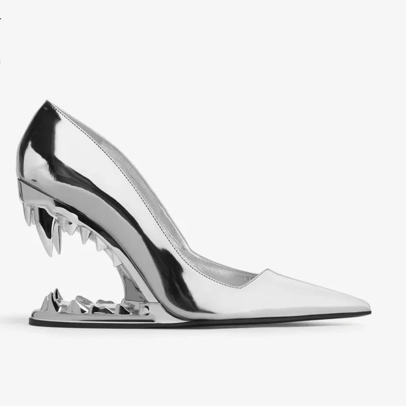 New Fashion Silver Gold Tiger Teeth Shaped High Heels Shose European American Runway Styles Banquet Wedding Bride Single Shoes
