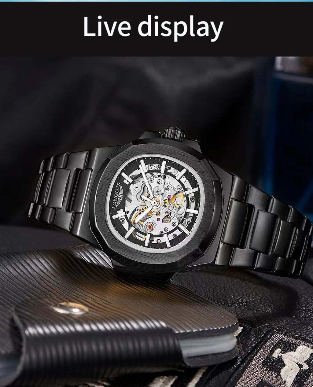 LONGLUX Men automatic mechanical watch luxury watches waterproof skeleton business cheap wholesale stainless steel gift watch