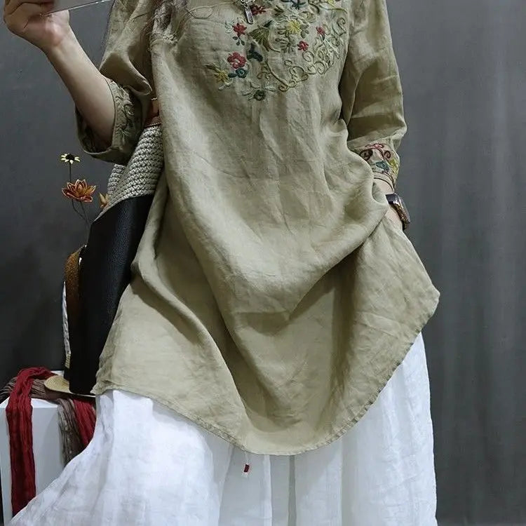 Cotton and Linen Women Clothing 2025 Summer New Print Retro Embroidery Loose Slim and Fashionable Shirt