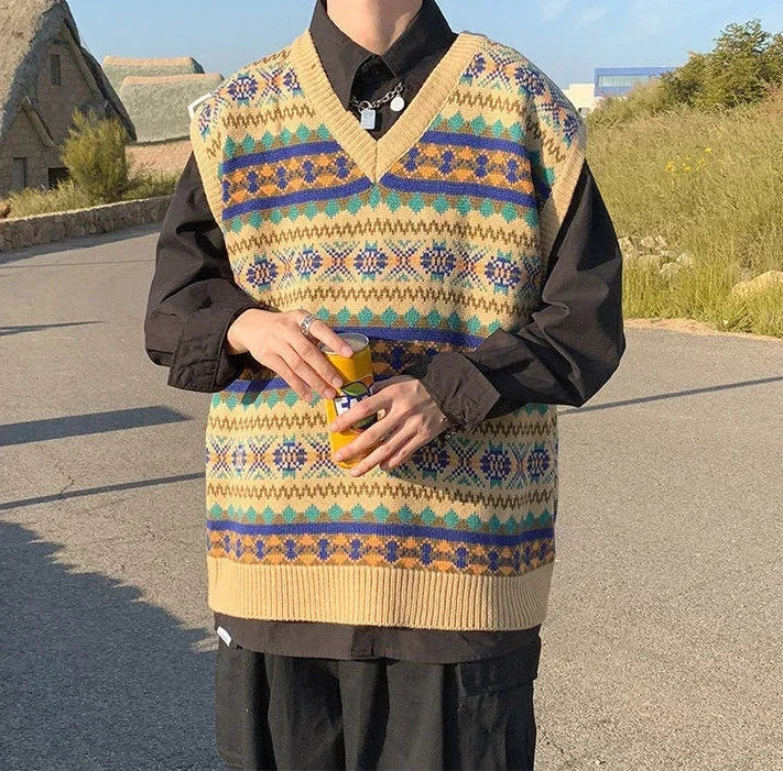 Men's Clothing Plaid Sleeveless Blue Knit Sweater Male Graphic Waistcoat Vest Casual Korean Style Baggy Fashion Stylish Hot A