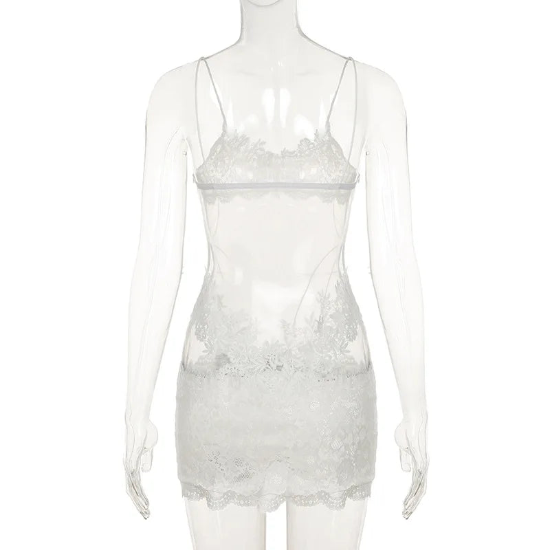 Shestyle Lace Transparent Mini Dress Sexy Women Wrapping Spaghetti Embroidery Flower Sheath Nightwear Club Mesh Wave Fantacy