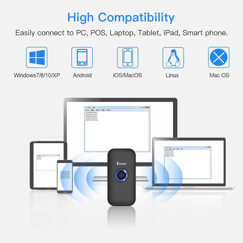 Eyoyo EY-009L Mini 1D Laser Bluetooth Barcode Scanner UPC/EAN/Codabar Code Reader. Support Hide/Add Custom Prefix/Suffix Digits