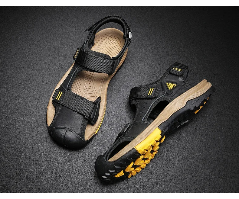 Summer Breathable Genuine Leather Men Sandals Waterproof Non-Slip Large Size flip flops Beach shose For Outdoor Anti-Collision