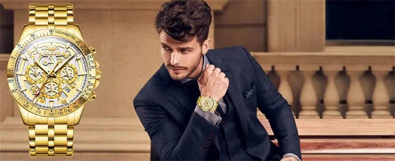 OLEVS Men's Watches Gold Luxury Hollow Out Style Original Quartz Watch for Man Waterproof Luminous Chronograph Date 24 Hours