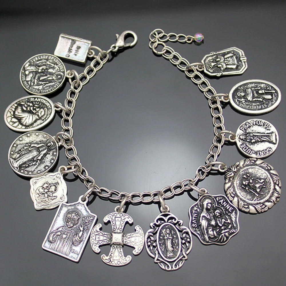 Vintage Bracelet Catholic Religious Medals Saints PRAY for Cross Pendant Link Chain Women Man Charms Bangle Jewelry Gifts