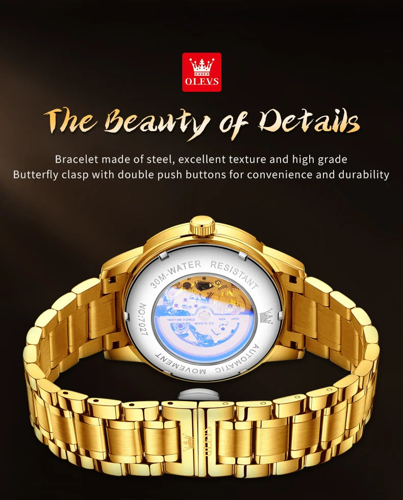 OLEVS Japan Automatic Mechanical Men's Watches High-end Luxury Brand Original Stainless Steel Hollowed Dragon Watch for Men 7027