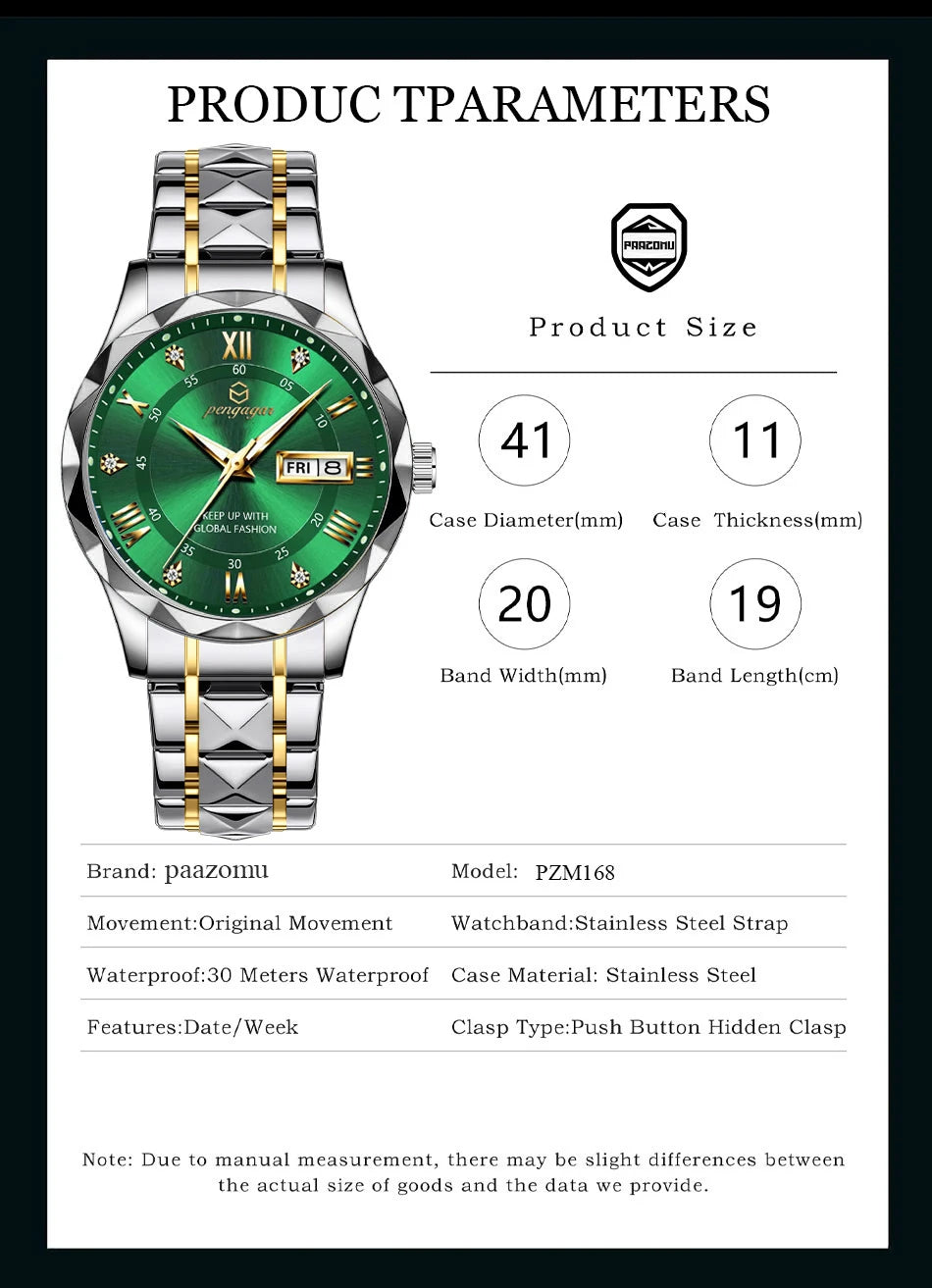 PENGAGAR Luxury Square Sport Man Wristwatch Waterproof Luminous Chronograph Quartz Men's Watches Stainless Steel Men Watch Reloj