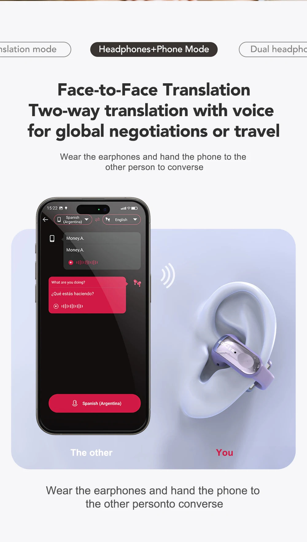 Translator ERAZER XF28 Bluetooth V6.0 Open-ear True Wireless EarbudsTranslation Earphones Office Travel,ASMR Headset APP