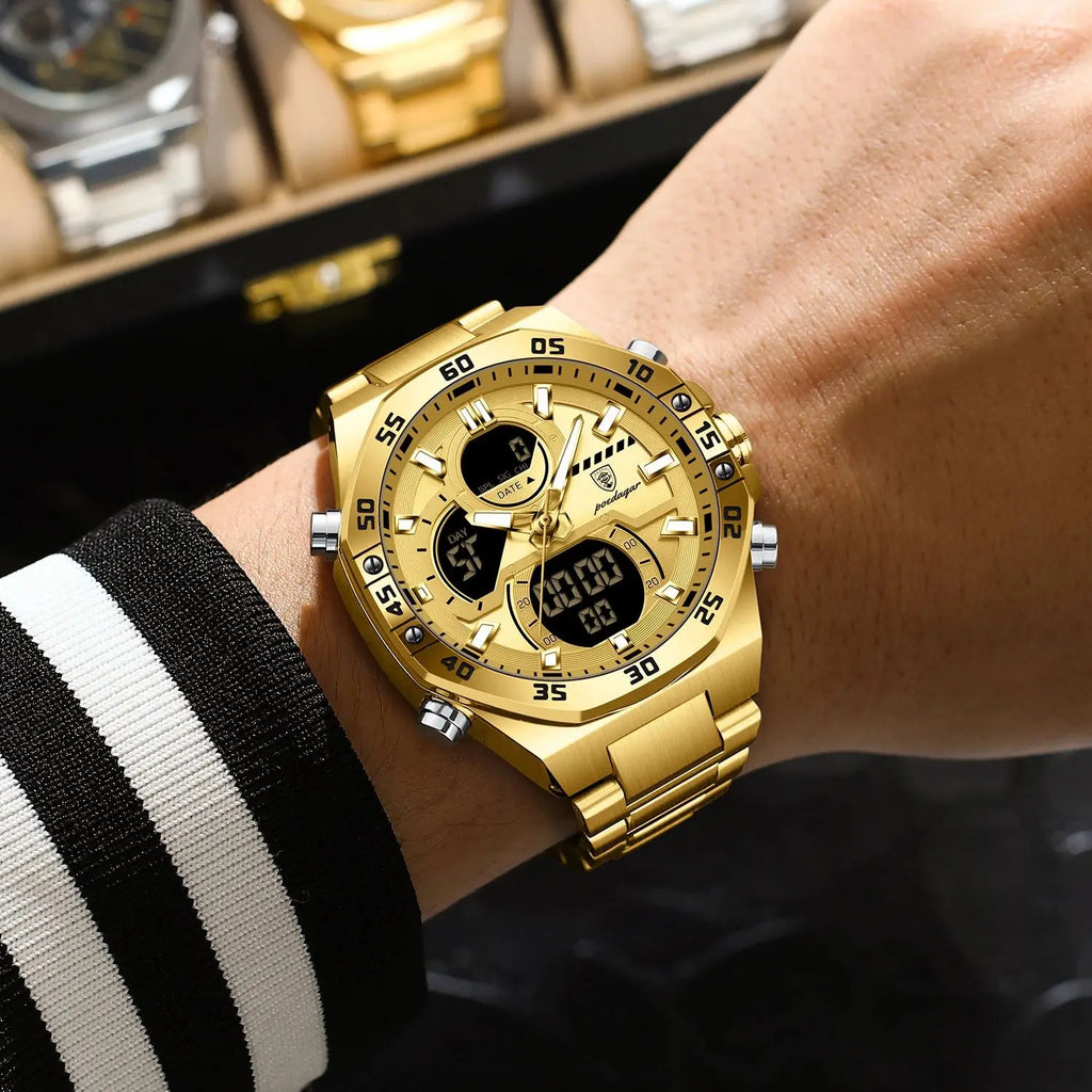 POEDAGAR New Men Clock LED Luminous Waterproof Week Date Military Man Wristwatch Electronic Stainless Steel Quartz Men's Watches