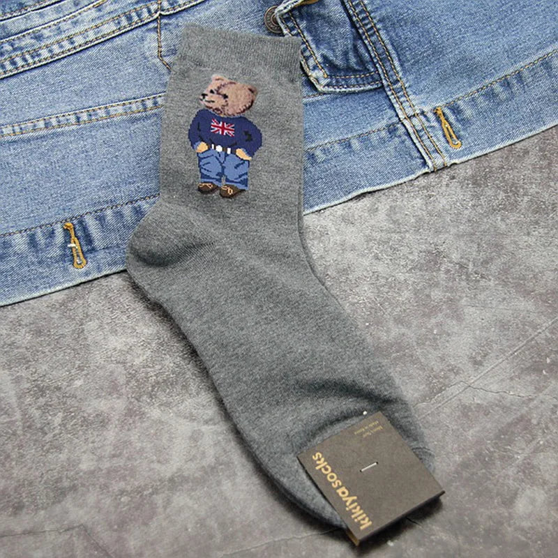 Cartoon Gentleman Bear Socks Red Socks for Men Cotton Harajuku Skateboard Socks Novelty Breathable Sox Christmas Gift