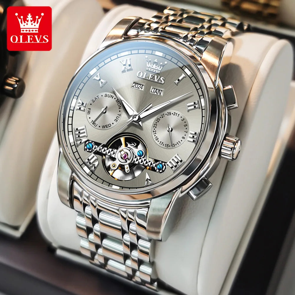 OLEVS 6607 Fully Automaitc Watches Stainless Steel Skeleton Flywheel Dual Calendar Top Luxury Brand Men's Mechanical Wristwatch