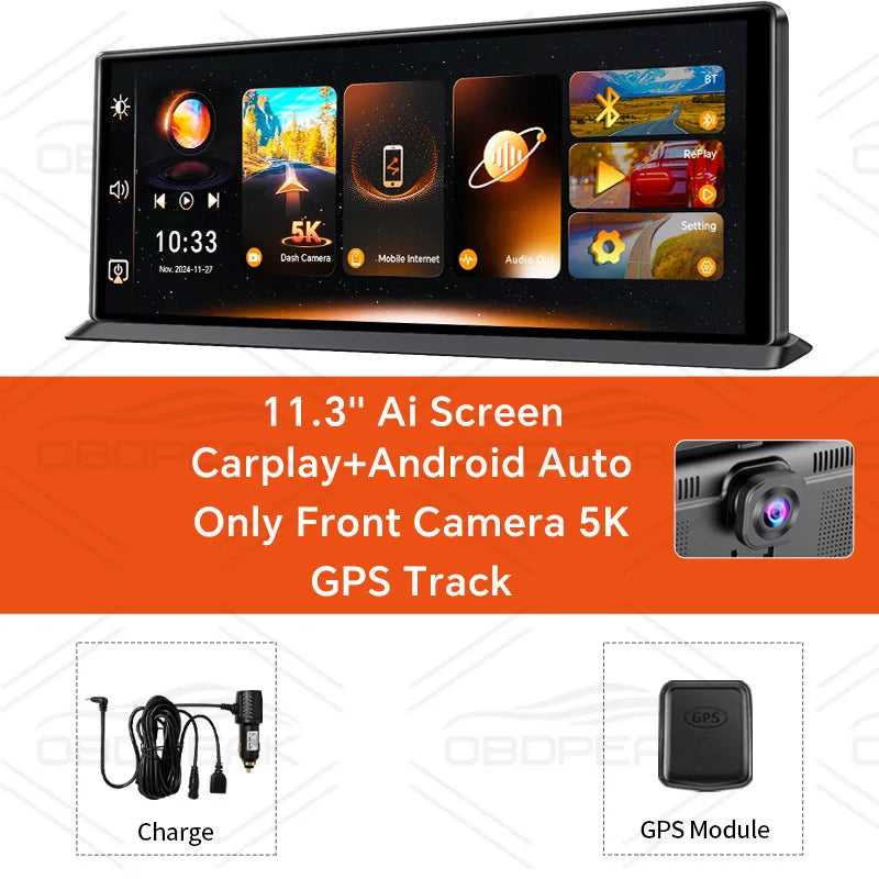 OBDPEAK K8 Pro Front 5K Rear 1080P Dash Cam Camera 11.3" Touch Ai Screen Carplay & Android Auto GPS Navigation Night Vision DVR