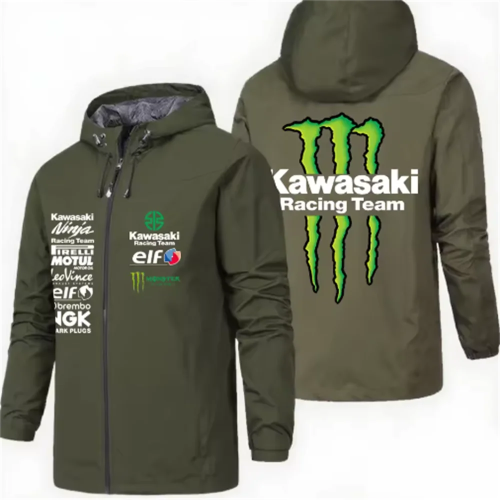 Racing team jacket with Kawasaki logo, men's waterproof and windproof sportswear, outdoor enthusiast jacket, fashionable jacket