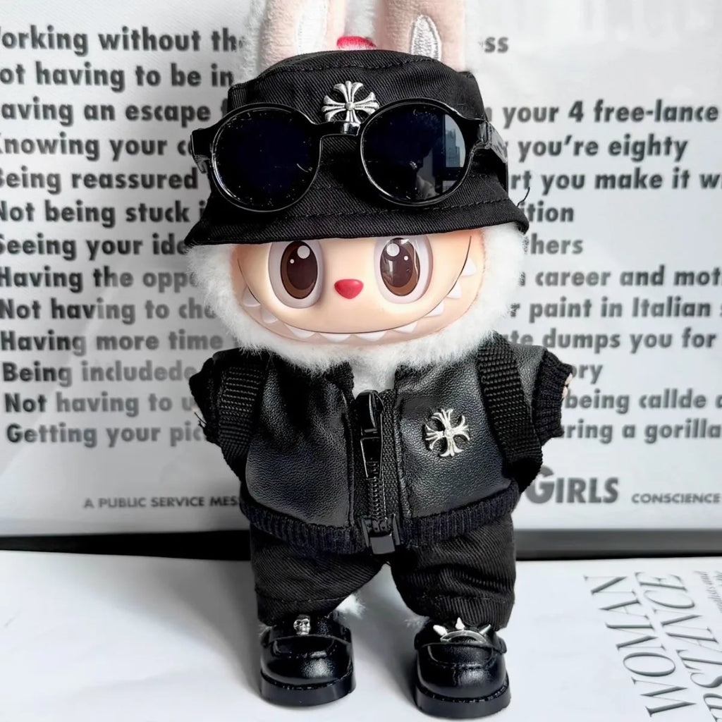 Clothes only] Labubwa clothes, black trendy cool leather jacket set, cute first, second and third generation clothes, hats, back