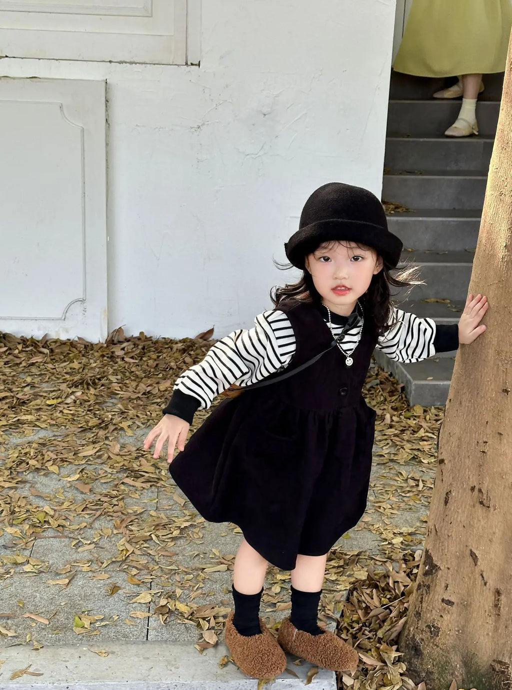 Clothing Suit Girls' Striped Long-Sleeved Sweater Plus Corduroy Vest Skirt  Autumn and Winter Clothing New Suit