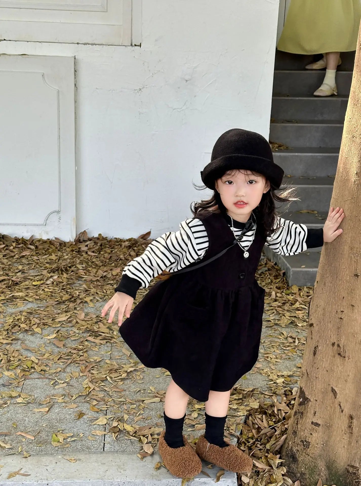 Clothing Suit Girls' Striped Long-Sleeved Sweater Plus Corduroy Vest Skirt  Autumn and Winter Clothing New Suit