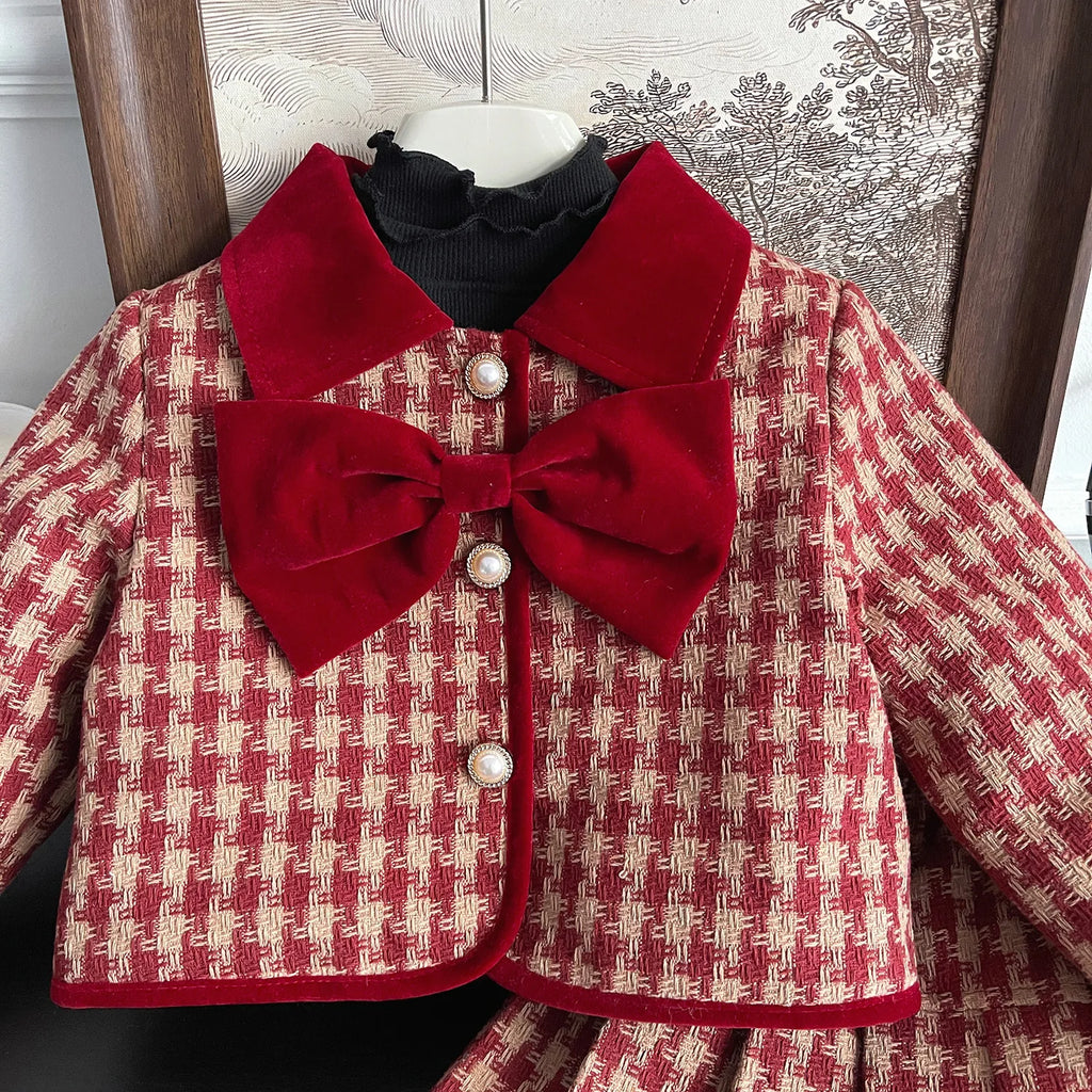 Children's Clothing Sets Red Plaid Bow Coat + Pleated Skirt Sets Winter Clothes for Girls Baby Girl Outfit Set Boutique Clothes