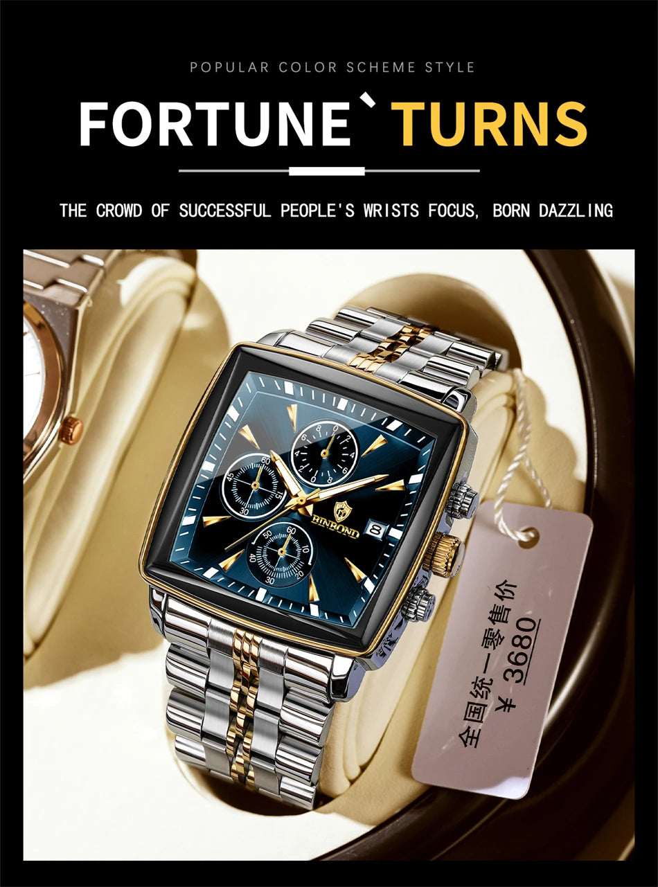 BINBOND Luxury Square Sport Man Wristwatch Waterproof Luminous Chronograph Quartz Men's Watches Stainless Steel Men Watch Reloj