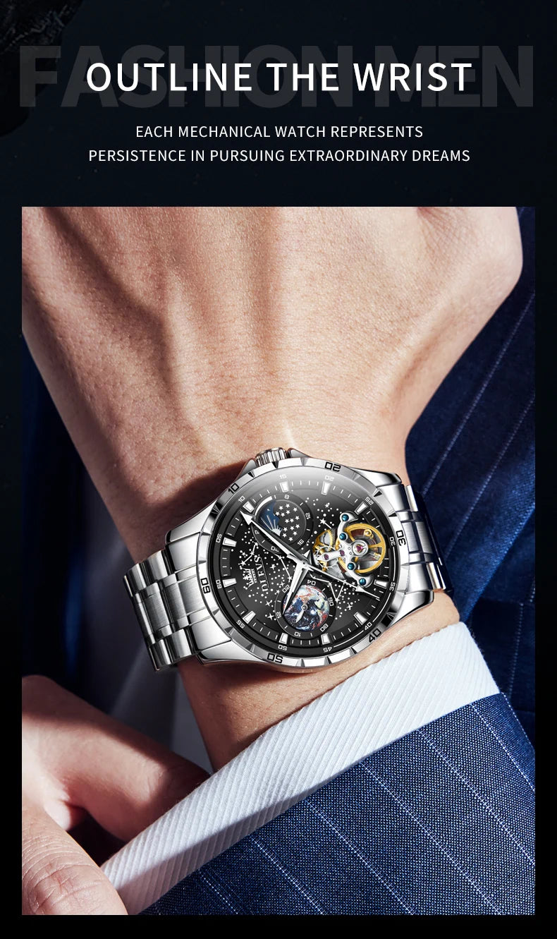 OLEVS Flywheel Skeleton Automatic Watch for Men Luminous Starry Sky Waterproof Business Wristwatch Mechanical Watch