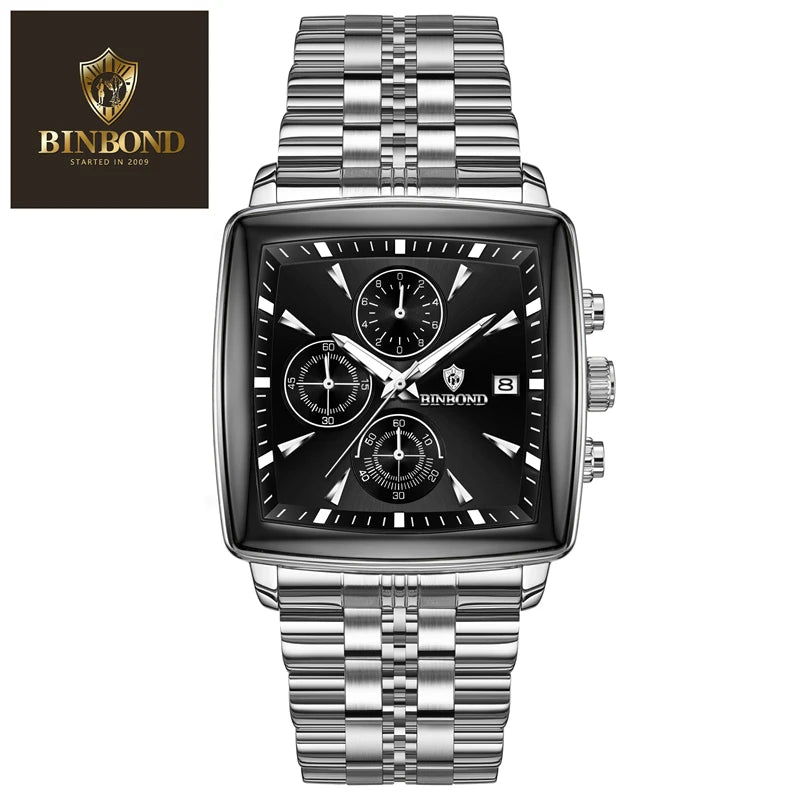 BINBOND Luxury Square Sport Man Wristwatch Waterproof Luminous Chronograph Quartz Men's Watches Stainless Steel Men Watch Reloj