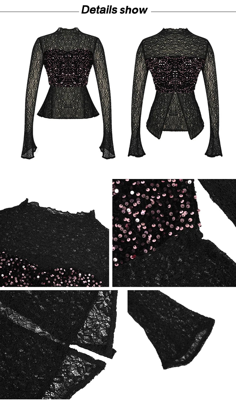 Women's Clothing Chic Black Lace Sexy T-Shirt Ladies Elegant Perspective Short Blouses Sequin Tops Bottom Pullover Jumper Party