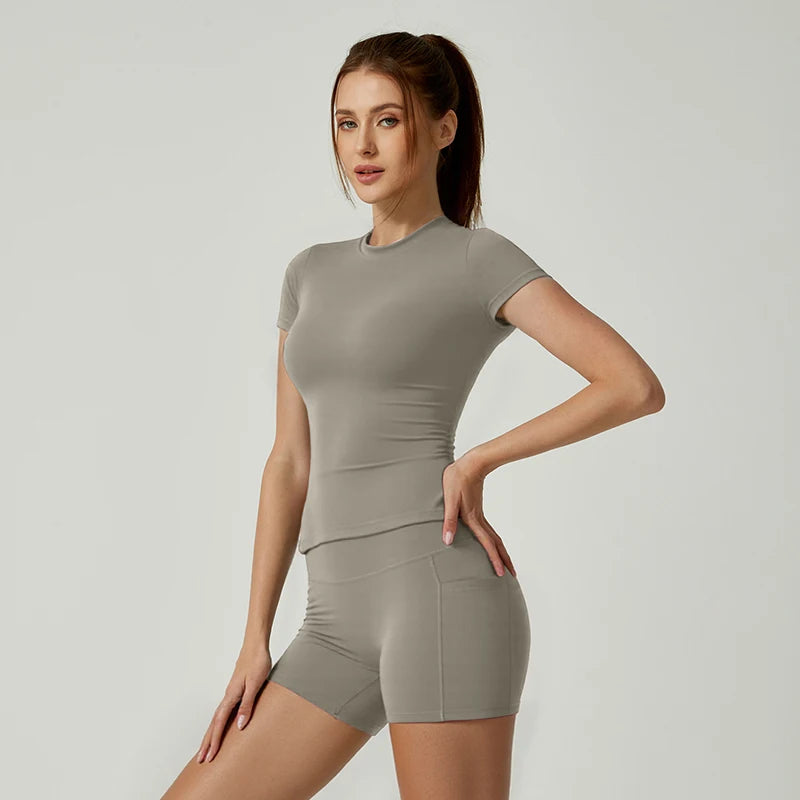 Sports Sets Fitness Hip-lifting Tight Top Short Sleeve Running Workout Gym Shorts Tracksuits For Women Breathable Sports Suits