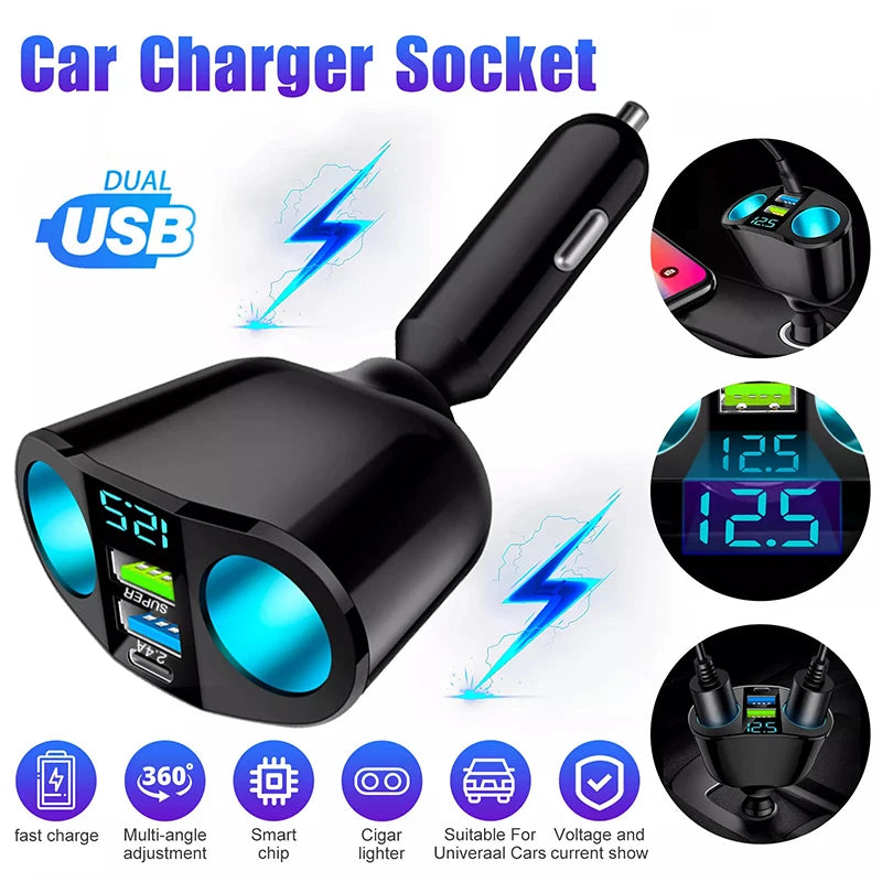 Multiple Devices Can Be Charged at the Same Time with Digital Display Car Charg Dual-port Car Charger Adapter