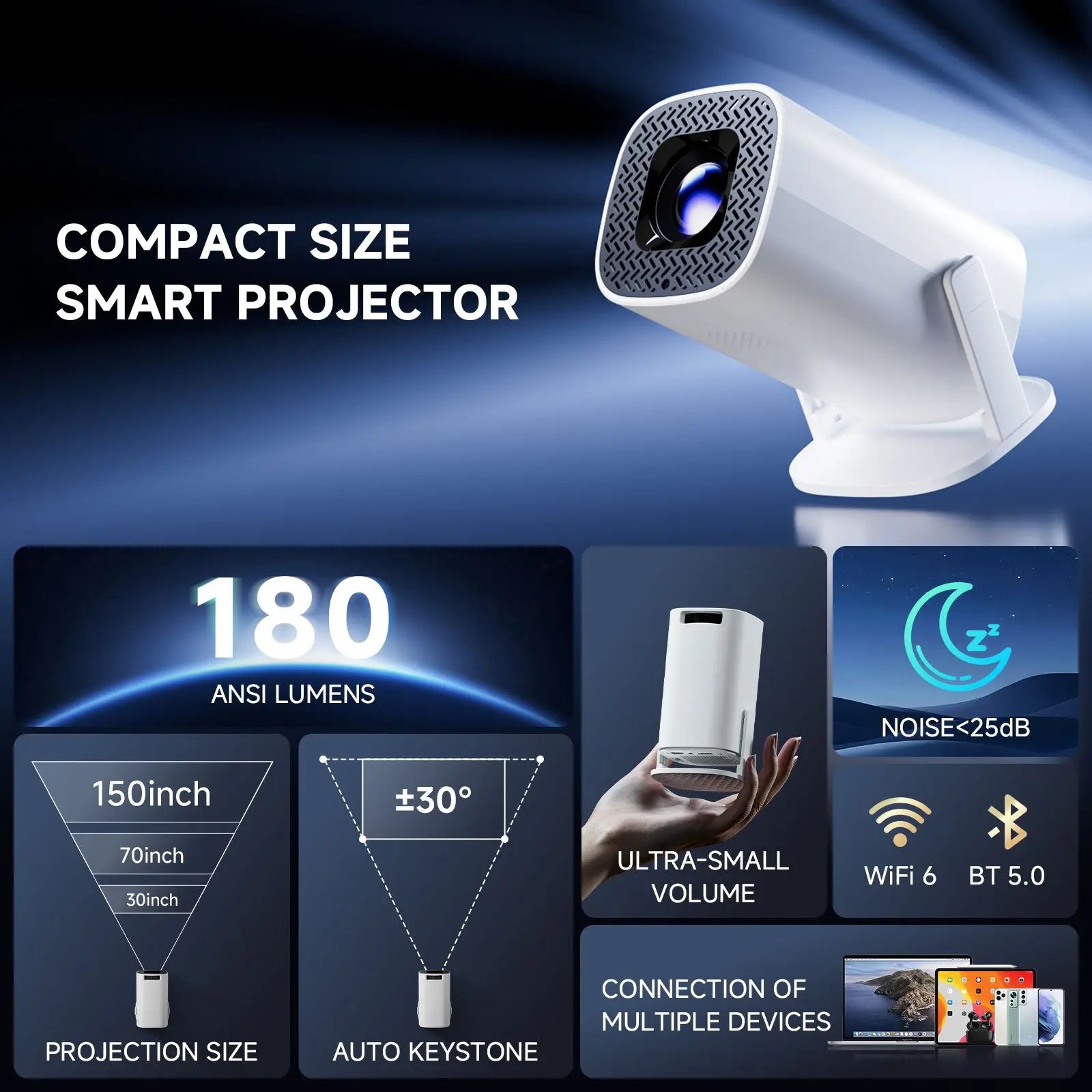 HONGTOP P30PRO Smart Mini Projector Android 14 WiFi6 BT 5.0 Support 4K 1280*720P Smart Home Cinema Outdoor Portable Projector