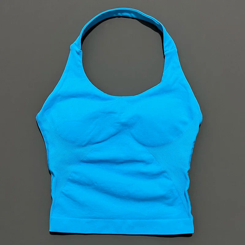 HISTELLO Impact Halter Top Seamless Longline Strappy Gym Top Women Built-in Bra Removable Cups Activewear Yoga Tank Tops