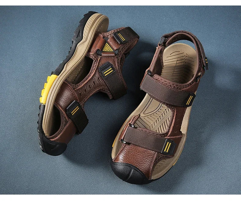 Summer Breathable Genuine Leather Men Sandals Waterproof Non-Slip Large Size flip flops Beach shose For Outdoor Anti-Collision