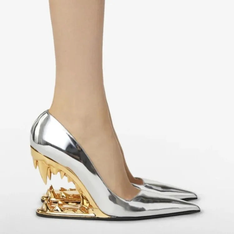 New Fashion Silver Gold Tiger Teeth Shaped High Heels Shose European American Runway Styles Banquet Wedding Bride Single Shoes