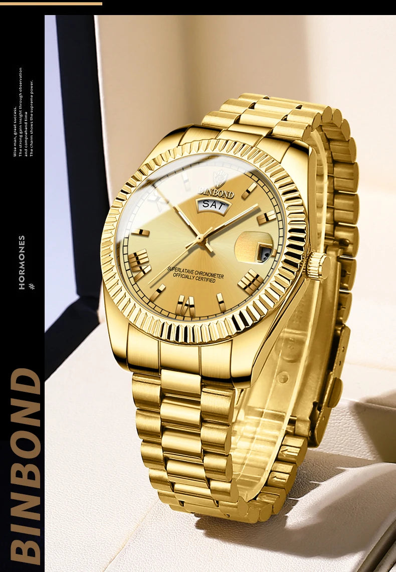 BINBOND Brand Mens Business Sports Quartz Watch Classic Waterproof Luminous Calendar Creative Clock Male Personalized Wristwatch