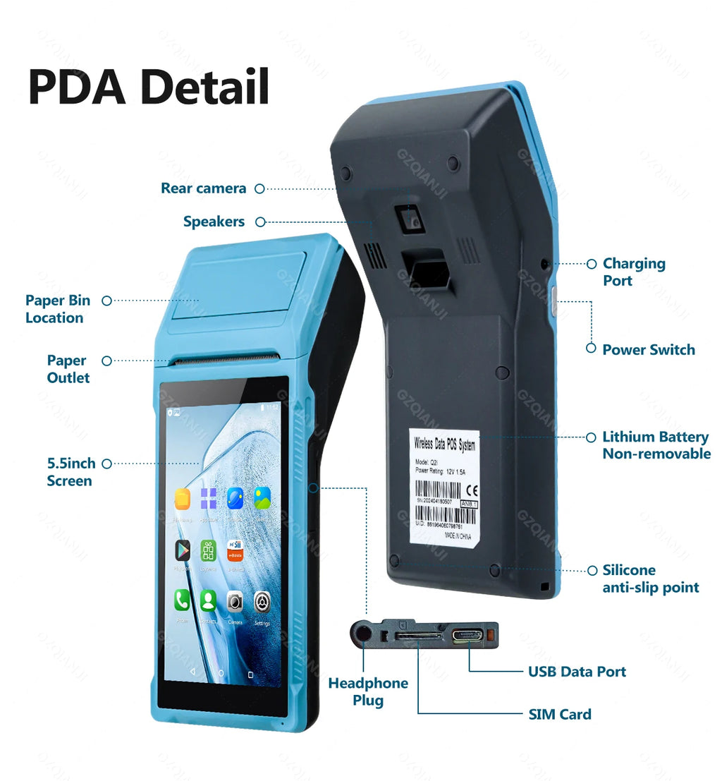 4G 3G Android 12/8.1 PDA POS System & 58mm Thermal Printer Bluetooth WiFi Handheld POS Terminal 5.5'' Touch Screen Loyverse app