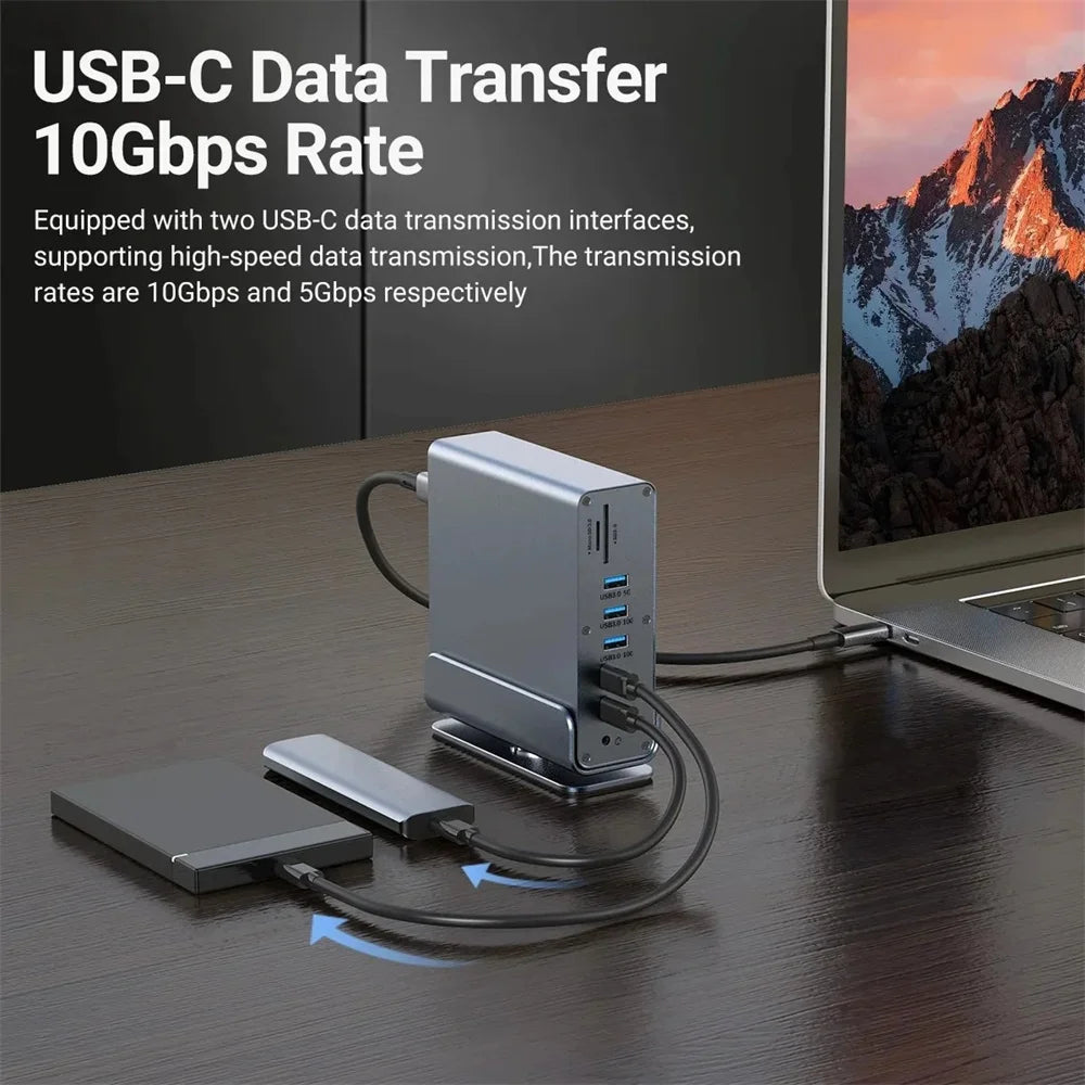 15 in 1 USB C Docking Station 4K HD Vertical Hub with Triple Monitor RJ45 1000M,USB 3.0/2.0,PD 3.0,SD/TF,Audio 3.5 for Laptop PC