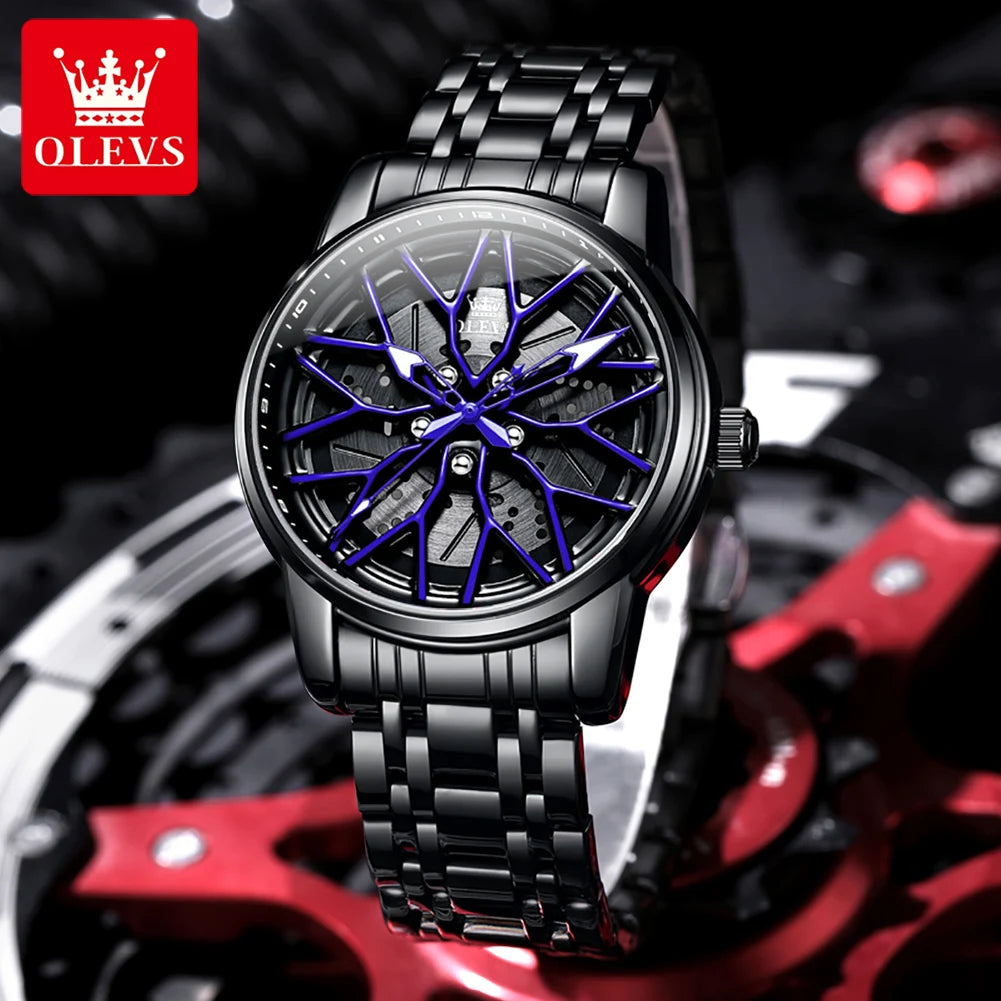 OLEVS 3701 Mens Watch Rotatable Wheel Hub Dial Fashion Quartz Watch Waterproof Luminous Stainless Steel Watches For Man Original