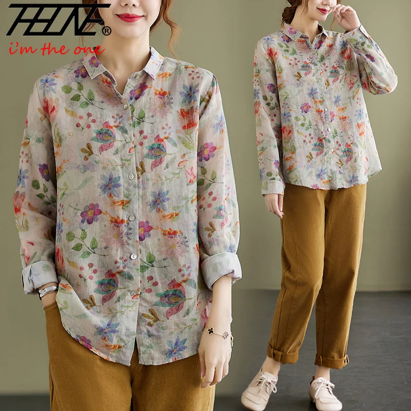 Women's Clothing Shirts Blouse Camisas Women Shirts Vintage Blusa Mujer Cotton Linen Casual Print Long Sleeve Flower Autumn