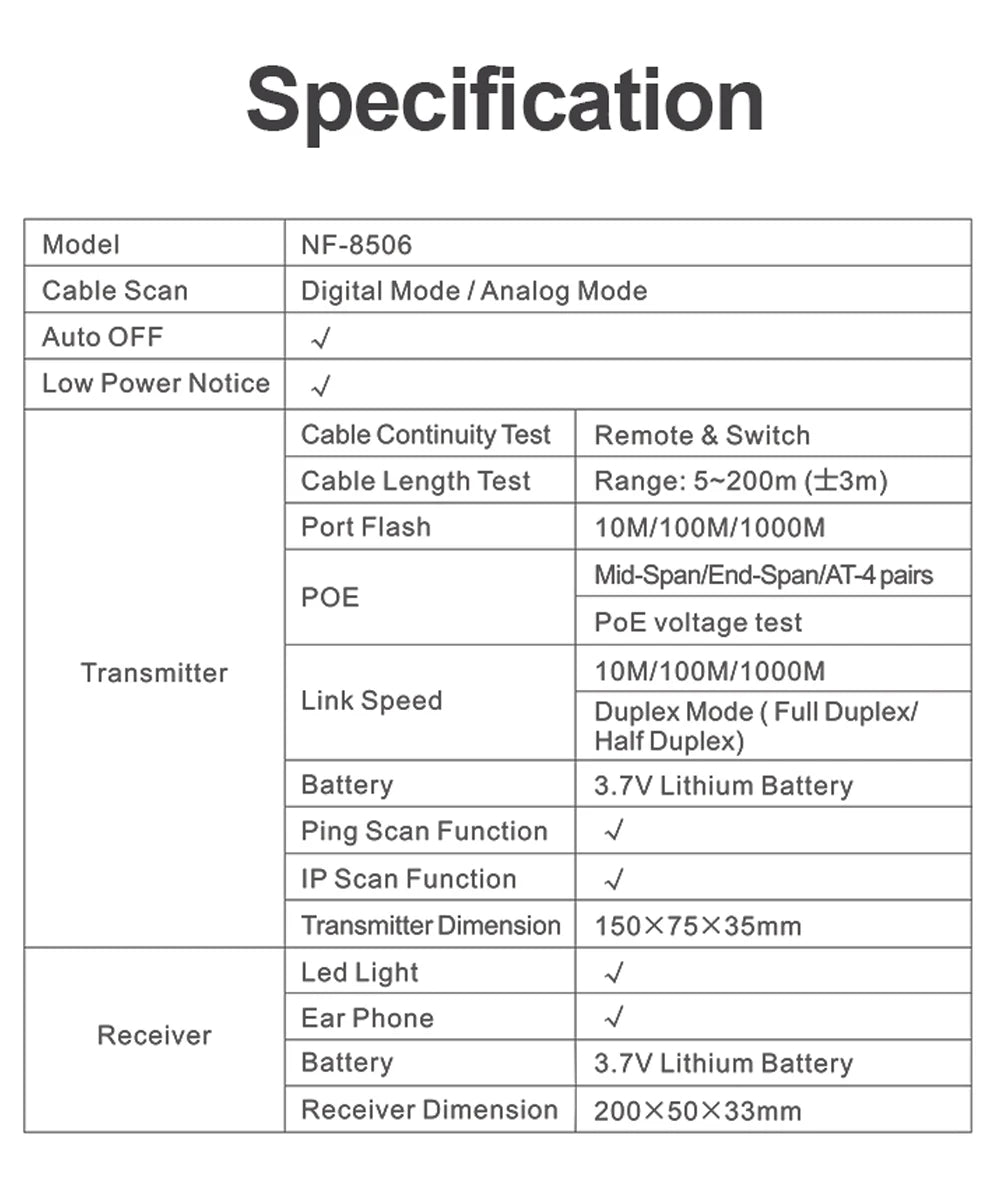 NOYAFA NF-8506 Network Cable Tester Multifunction Cable Tracker Support PING test/IP scan/Poe Measure Length Wiremap Tester