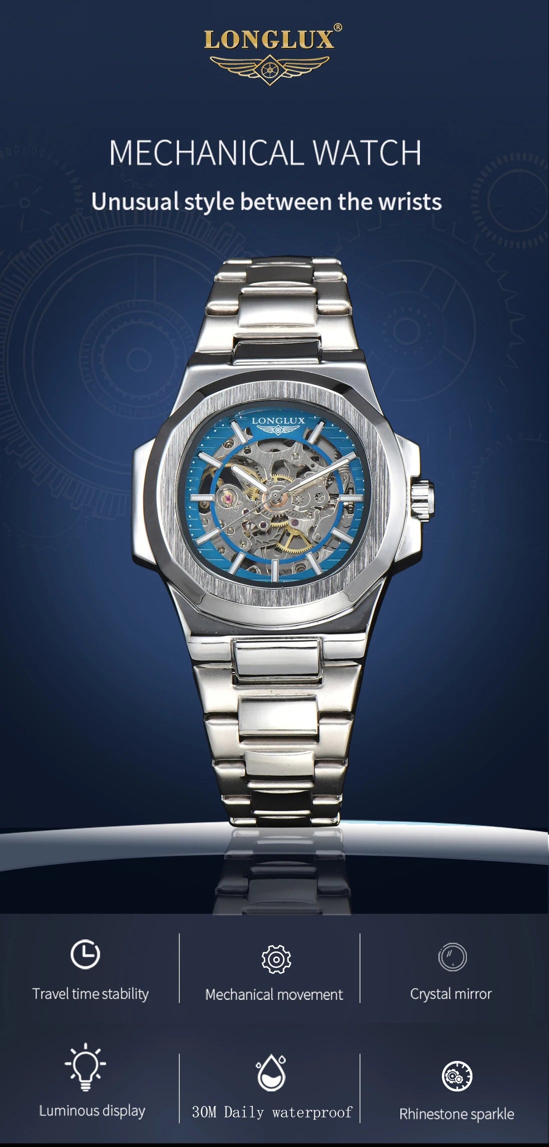 LONGLUX Men automatic mechanical watch luxury watches waterproof skeleton business cheap wholesale stainless steel gift watch