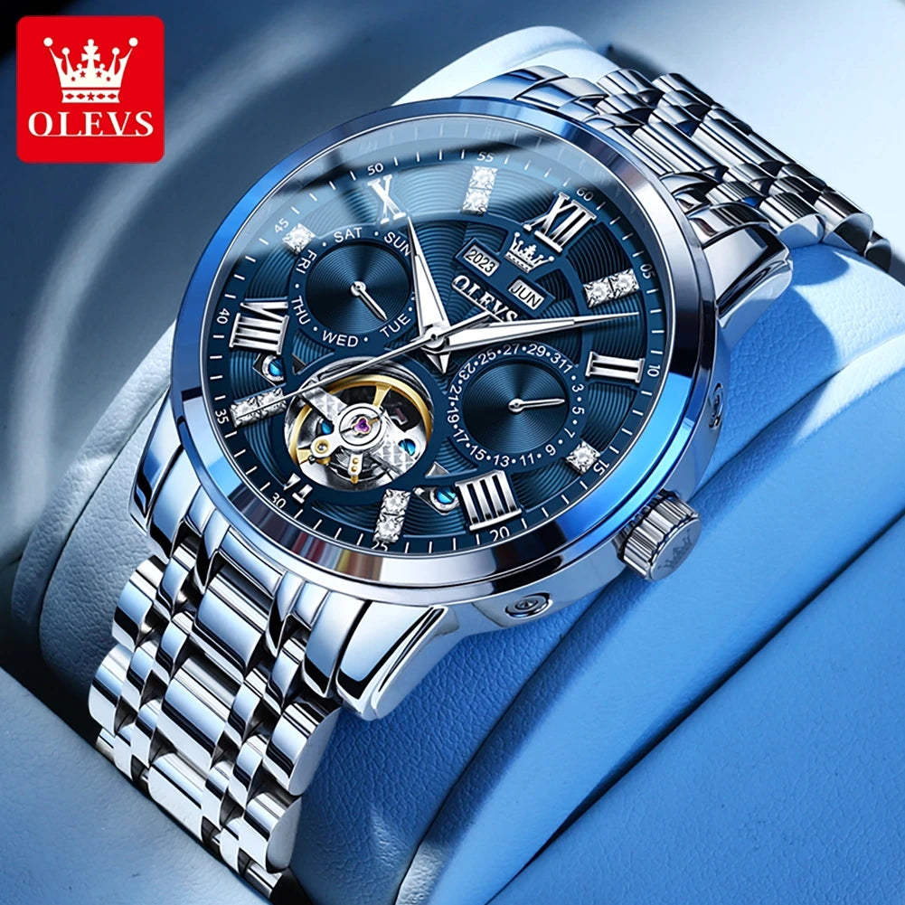 OLEVS Men's Watches Skeketon Flywheel Automatic Mechanical Original Wristwatch for Man Waterproof Luminous Perpetual Calendar