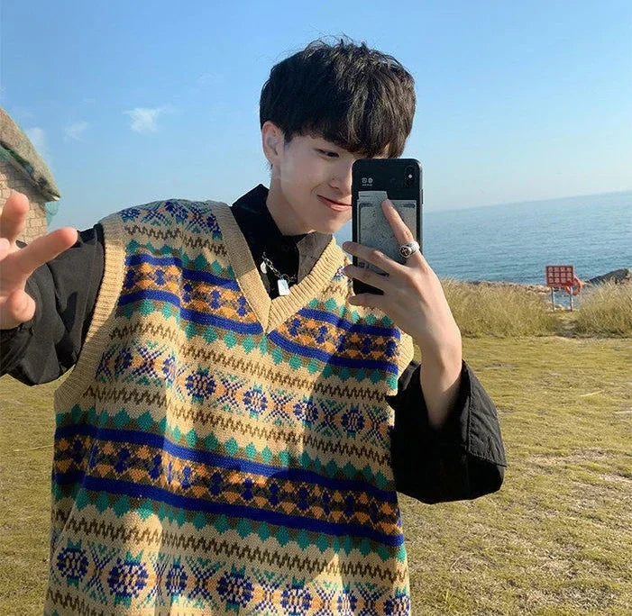 Men's Clothing Plaid Sleeveless Blue Knit Sweater Male Graphic Waistcoat Vest Casual Korean Style Baggy Fashion Stylish Hot A