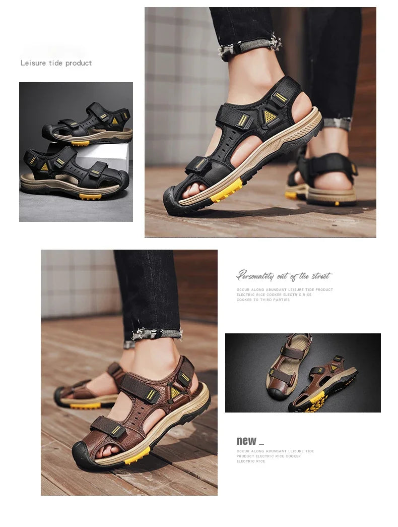 Summer Breathable Genuine Leather Men Sandals Waterproof Non-Slip Large Size flip flops Beach shose For Outdoor Anti-Collision