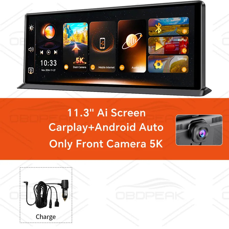 OBDPEAK K8 Pro Front 5K Rear 1080P Dash Cam Camera 11.3" Touch Ai Screen Carplay & Android Auto GPS Navigation Night Vision DVR