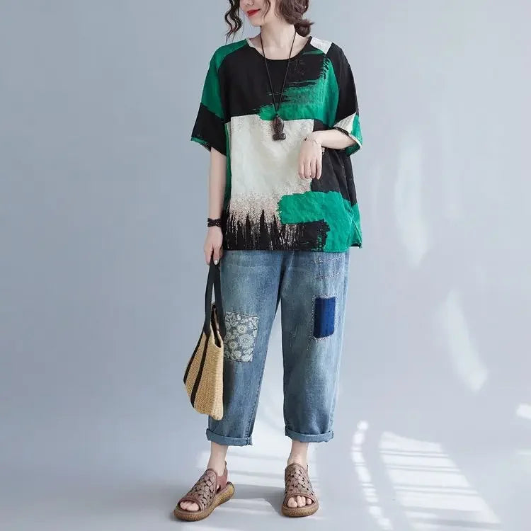 Women Clothing 2025 New Summer Clothing New Style Retro Loose Cotton Linen Short-sleeved T-shirt Top