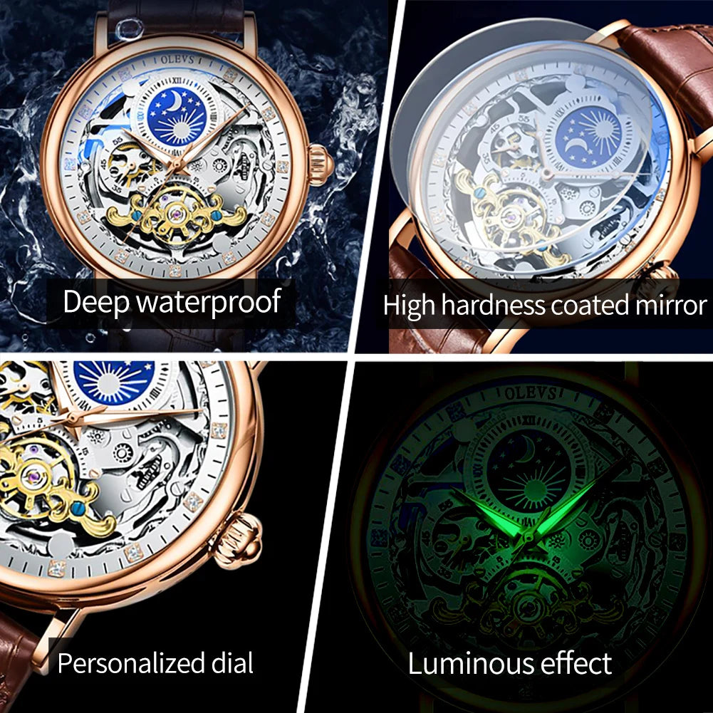 OLEVS Moon Phase Mechanical Watch Men with Waterproof Automatic Skeleton Mens Watches Top Brand Luxury Tourbillon Wristwatch Men
