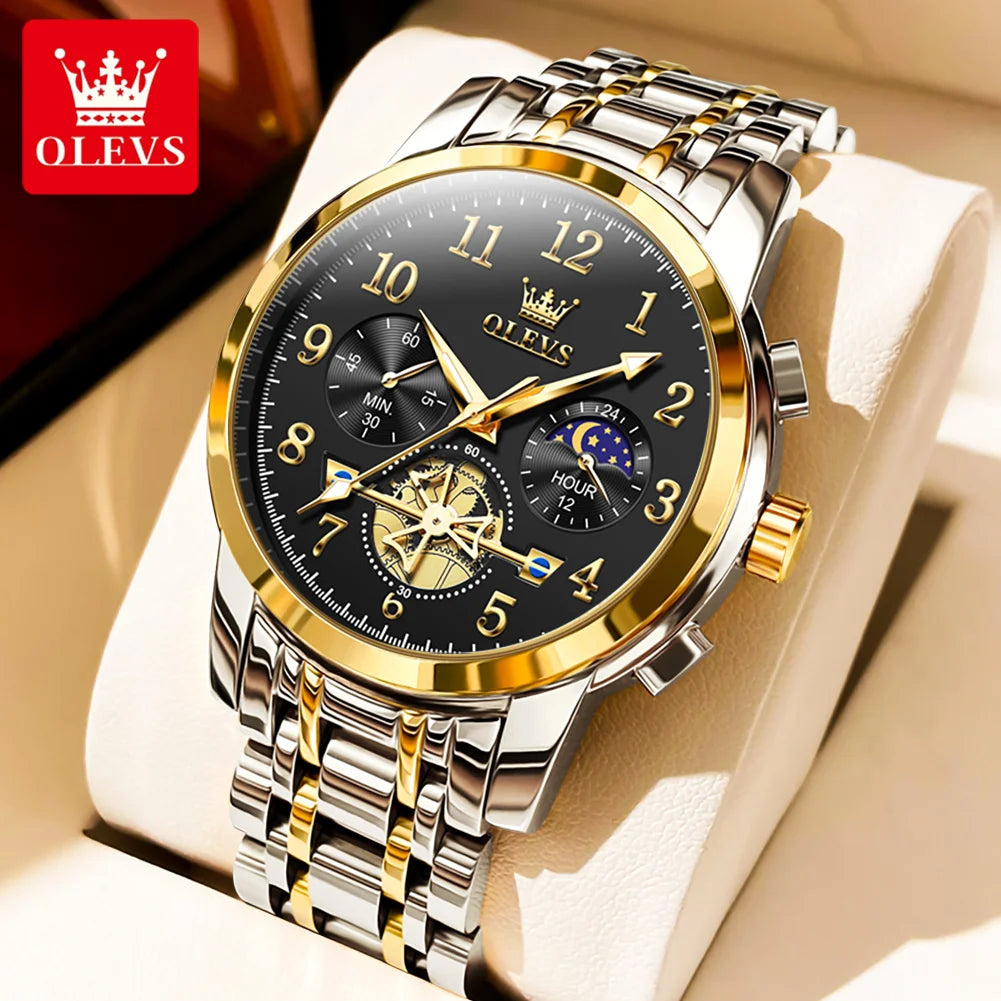 OLEVS New Flywheel Design Luxury Couple Watch Waterproof Moon Phase Chronograph Brand Original Quartz Wrist Watch for Men Women